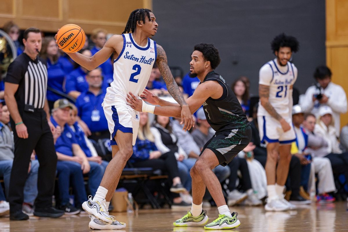 Nov 16, 2024; Newark, New Jersey, USA; Seton Hall Pirates guard Chaunce Jenkins (2) dribbles as Wagner Seahawks guard Ja'Kair Sanchez (3) defends during the second half at Walsh Gymnasium. Mandatory Credit: Vincent Carchietta-Imagn Images