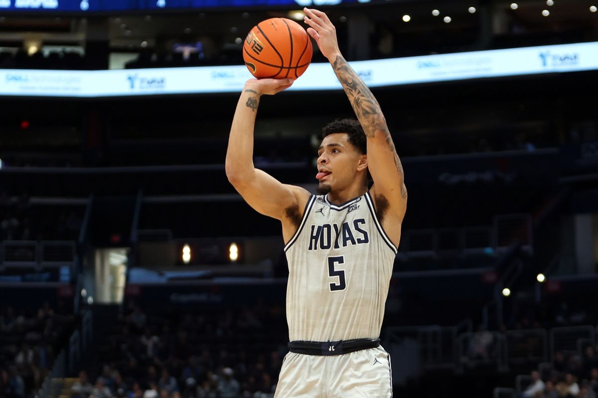 Nov 16, 2024; Washington, District of Columbia, USA; Georgetown Hoyas guard Micah Peavy (5) takes a shot during the first half against the Notre Dame Fighting Irish at Capital One Arena. Mandatory Credit: Daniel Kucin Jr.-Imagn Images