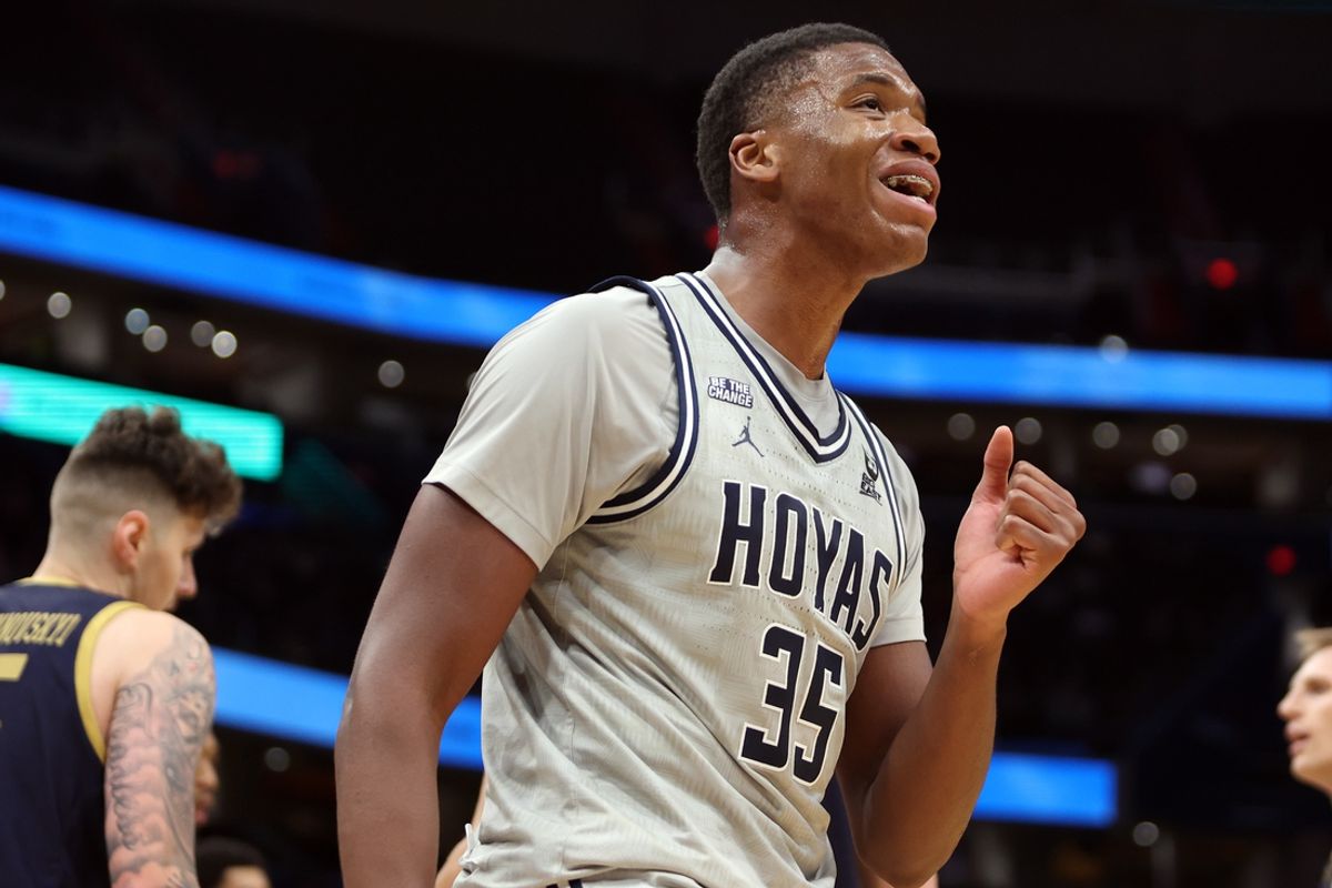 Nov 16, 2024; Washington, District of Columbia, USA; Georgetown Hoyas forward Thomas Sorber (35) celebrates during the first half against the Notre Dame Fighting Irish at Capital One Arena. Mandatory Credit: Daniel Kucin Jr.-Imagn Images