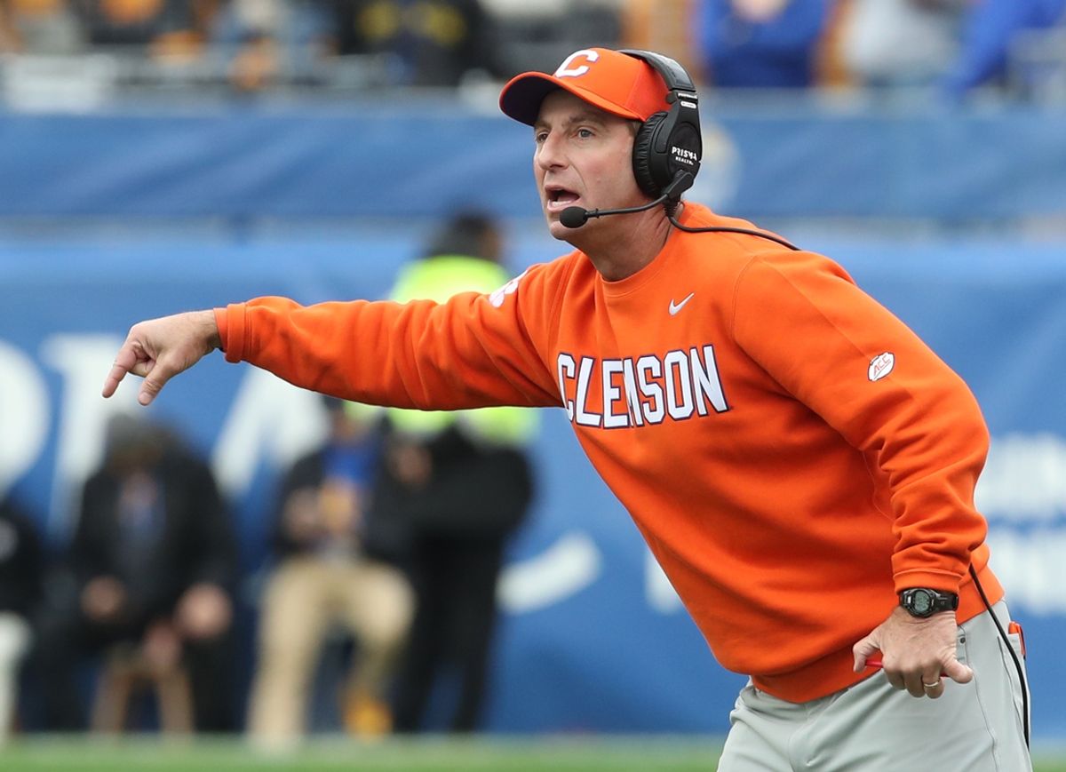 Nov 16, 2024; Pittsburgh, Pennsylvania, USA; Clemson Tigers head coach Dabo Swinney reacts against the Pittsburgh Panthers during the second quarter at Acrisure Stadium. Mandatory Credit: Charles LeClaire-Imagn Images