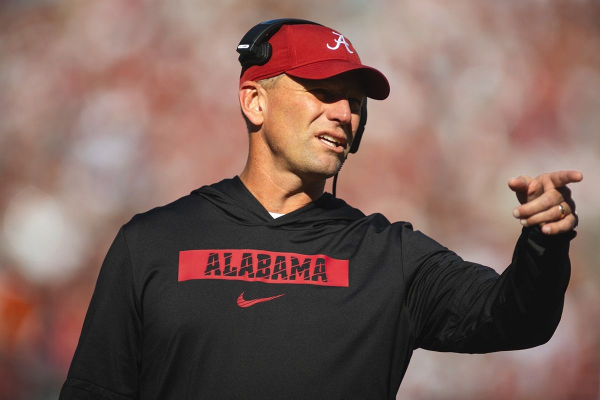 Nov 16, 2024; Tuscaloosa, Alabama, USA; Alabama Crimson Tide head coach Kalen DeBoer gestures during a timeout in the first quarter at Bryant-Denny Stadium. Mandatory Credit: Will McLelland-Imagn Images
