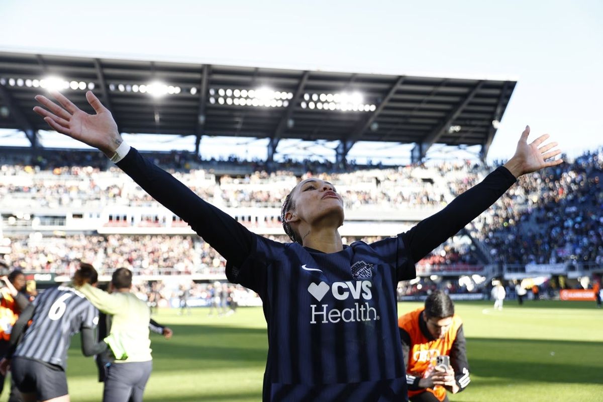 Nov 16, 2024; Washington, District of Columbia, USA; Washington Spirit forward Trinity Rodman (2) celebrates after defeating NJ/NY Gotham FC in a 2024 NWSL Playoffs semifinal match at Audi Field. Mandatory Credit: Amber Searls-Imagn Images