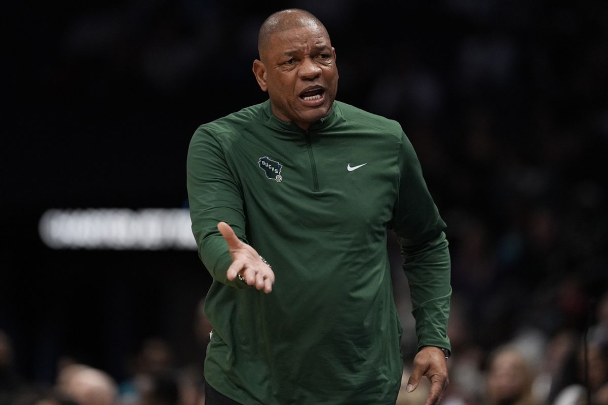 Nov 16, 2024; Charlotte, North Carolina, USA; Milwaukee Bucks head coach Doc Rivers  reacts to a call  during the first quarter against the Charlotte Hornets at Spectrum Center. Mandatory Credit: Jim Dedmon-Imagn Images