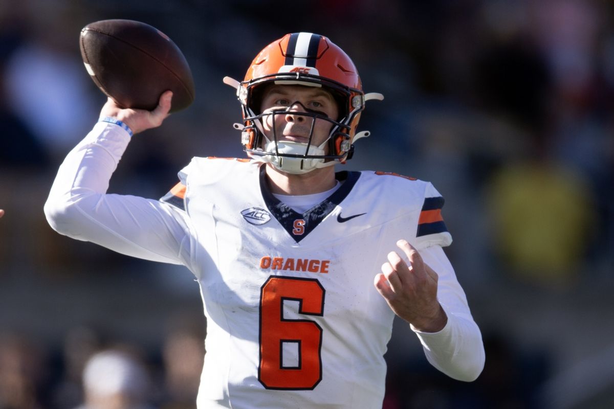 Nov 16, 2024; Berkeley, California, USA; Syracuse Orange quarterback Kyle McCord (6) throws a pass against the California Golden Bears during the second quarter at California Memorial Stadium. Mandatory Credit: D. Ross Cameron-Imagn Images