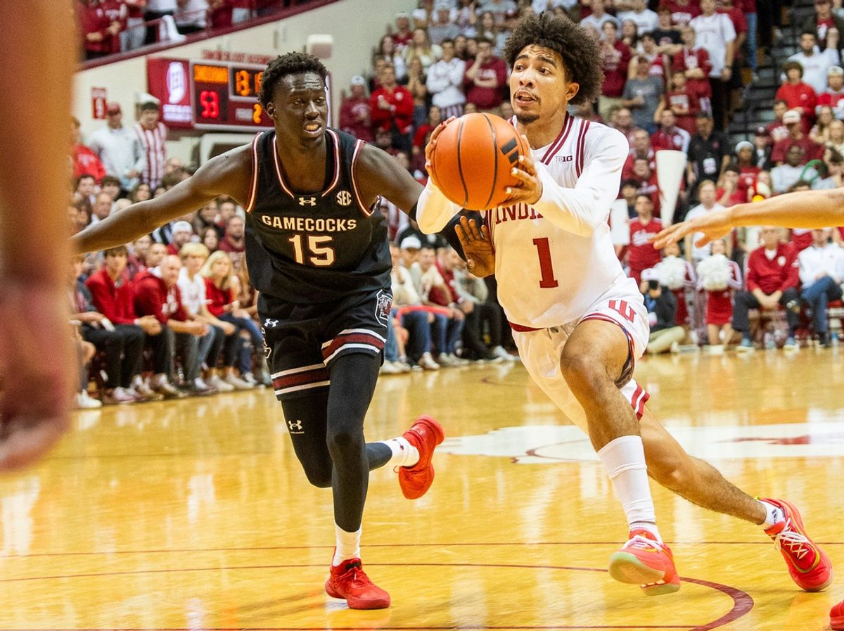 Indiana's Myles Rice (1) drives during the Indiana versus South Carolina men's basketball game at Simon Skjodt Assembly Hall on Saturday, Nov. 16, 2024.