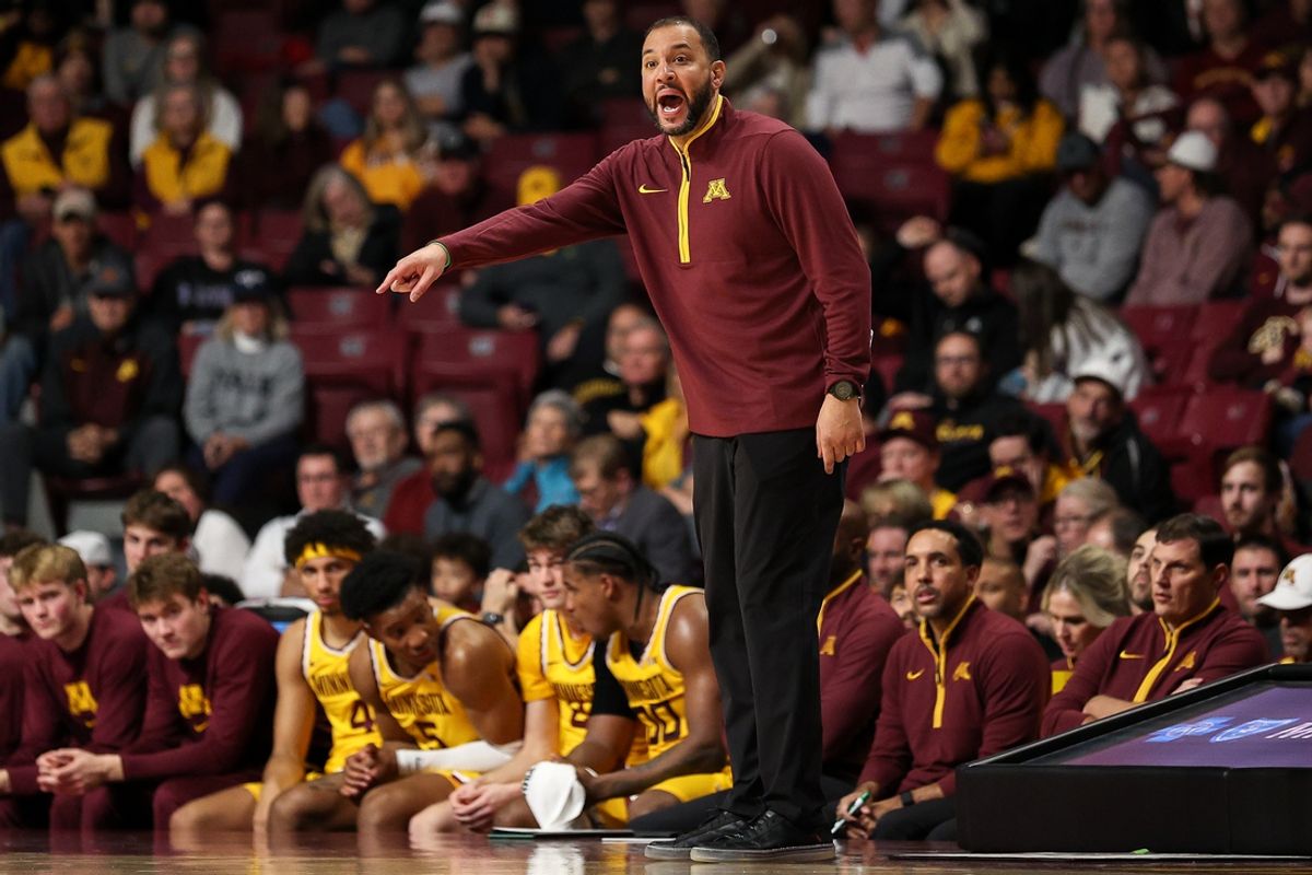 Nov 16, 2024; Minneapolis, Minnesota, USA; Minnesota Golden Gophers head coach Ben Johnson reacts during the second half against the Yale Bulldogs at Williams Arena. Mandatory Credit: Matt Krohn-Imagn Images