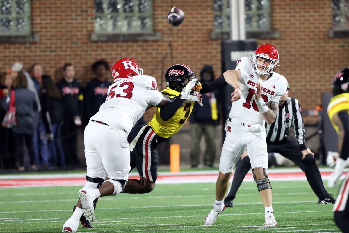 Nov 16, 2024; College Park, Maryland, USA; Rutgers Scarlet Knights quarterback Athan Kaliakmanis (16) throws a pass during the first half against the Maryland Terrapins at SECU Stadium. Mandatory Credit: Daniel Kucin Jr.-Imagn Images