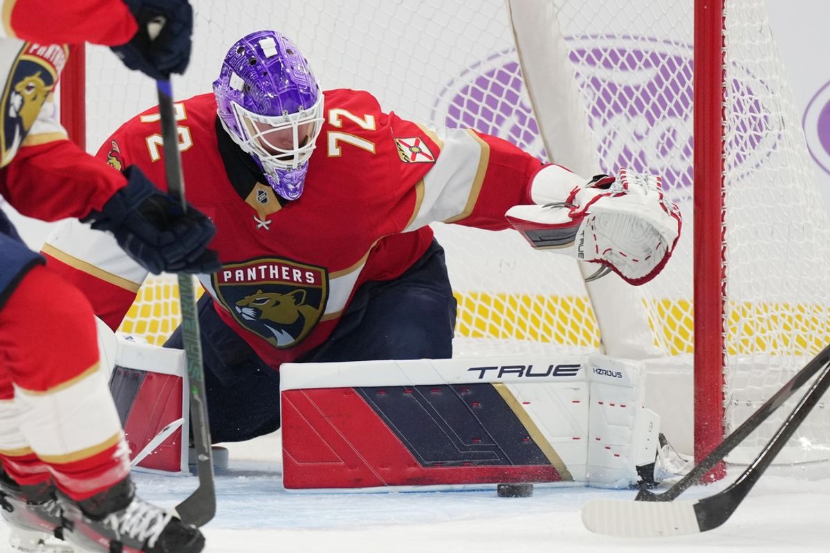 Nov 16, 2024; Sunrise, Florida, USA;  Florida Panthers goaltender Sergei Bobrovsky (72) makes a save against the Winnipeg Jets during the first period at Amerant Bank Arena. Mandatory Credit: Jim Rassol-Imagn Images