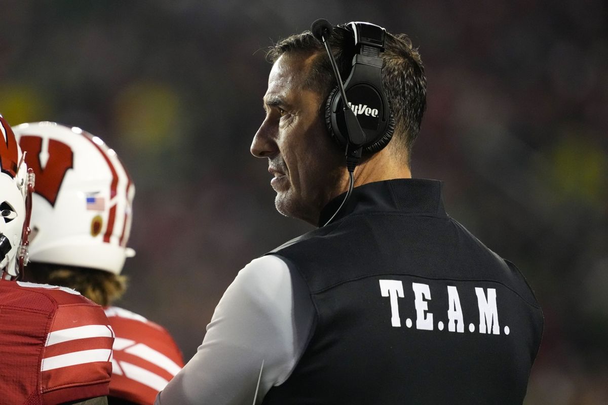 Nov 16, 2024; Madison, Wisconsin, USA;  Wisconsin Badgers head coach Luke Fickell looks on during the first quarter against the Oregon Ducks at Camp Randall Stadium. Mandatory Credit: Jeff Hanisch-Imagn Images