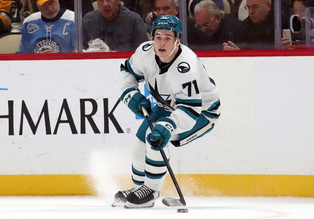 Nov 16, 2024; Pittsburgh, Pennsylvania, USA;  San Jose Sharks center Macklin Celebrini (71) skates with the puck against the Pittsburgh Penguins during the first period at PPG Paints Arena. Mandatory Credit: Charles LeClaire-Imagn Images