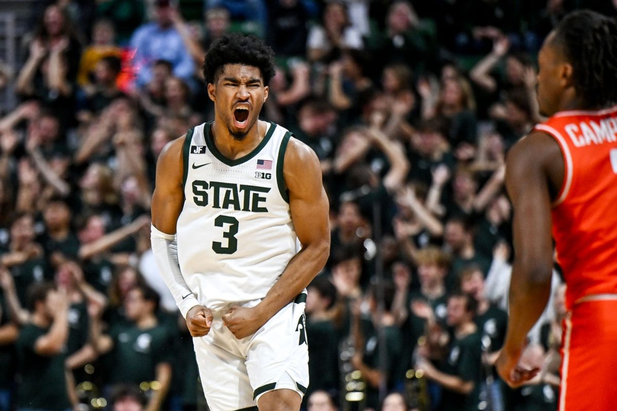 Michigan State's Jaden Akins celebrates after a 3-pointer against Bowling Green during the second half on Saturday, Nov. 16, 2024, Breslin Center in East Lansing.