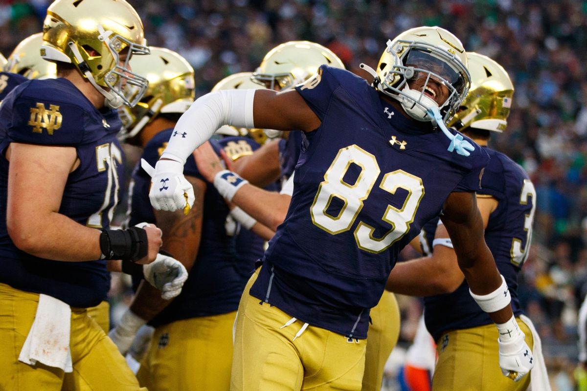 Notre Dame wide receiver Jayden Thomas (83) celebrates a touchdown during a NCAA college football game against Virginia at Notre Dame Stadium on Saturday, Nov. 16, 2024, in South Bend.