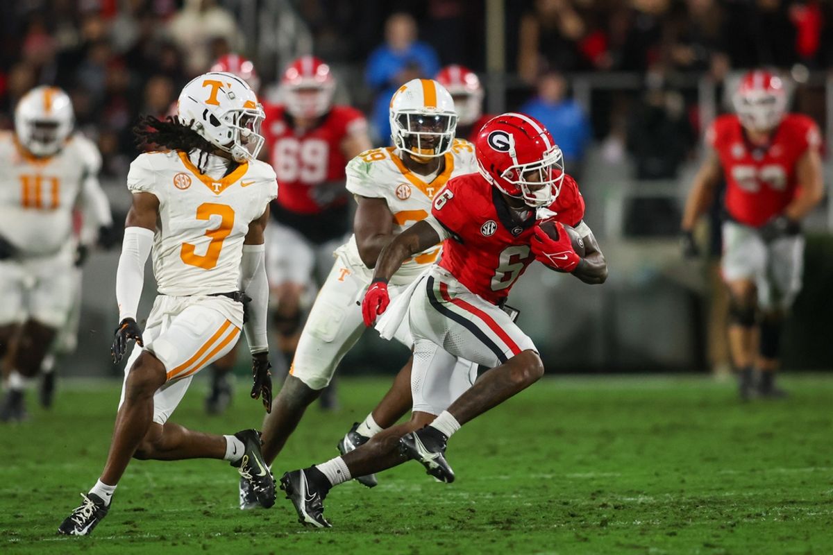 Nov 16, 2024; Athens, Georgia, USA; Georgia Bulldogs wide receiver Dominic Lovett (6) runs after a catch against the Tennessee Volunteers in the first quarter at Sanford Stadium. Mandatory Credit: Brett Davis-Imagn Images