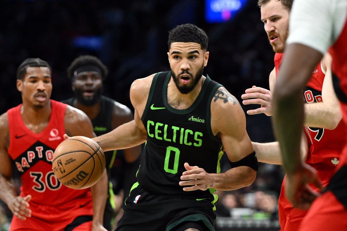 Nov 16, 2024; Boston, Massachusetts, USA; Boston Celtics forward Jayson Tatum (0) drives to the basket against against the Toronto Raptors during the first half at the TD Garden. Mandatory Credit: Brian Fluharty-Imagn Images