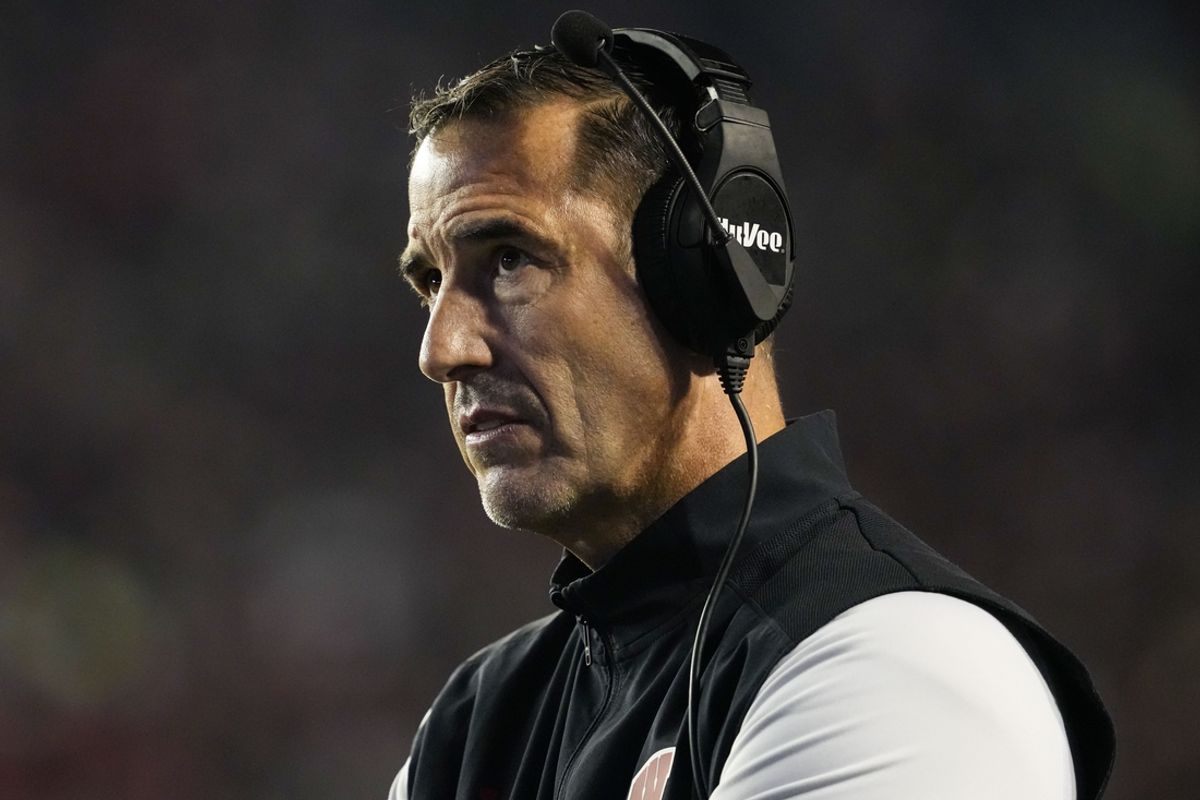 Nov 16, 2024; Madison, Wisconsin, USA;  Wisconsin Badgers head coach Luke Fickell looks on during the first quarter against the Oregon Ducks at Camp Randall Stadium. Mandatory Credit: Jeff Hanisch-Imagn Images
