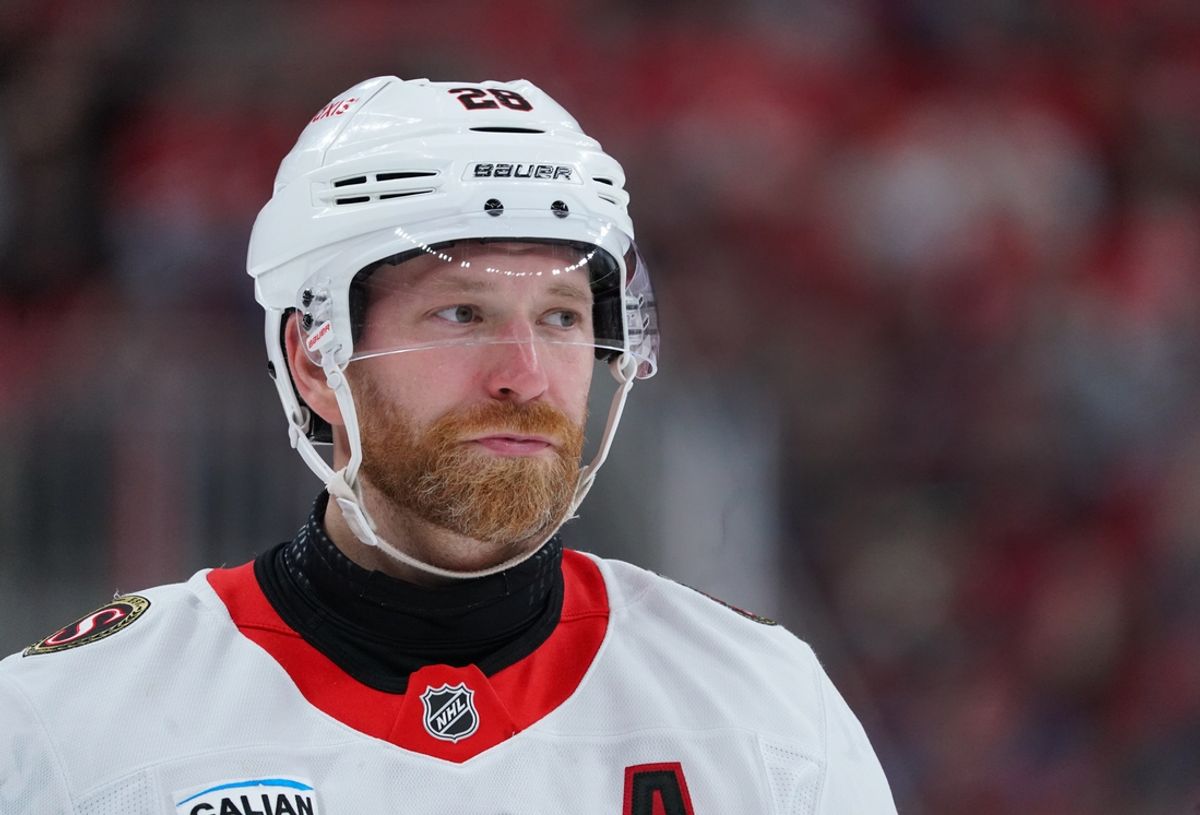 Nov 16, 2024; Raleigh, North Carolina, USA;  Ottawa Senators right wing Claude Giroux (28) looks on against the Carolina Hurricanes during the third period at Lenovo Center. Mandatory Credit: James Guillory-Imagn Images