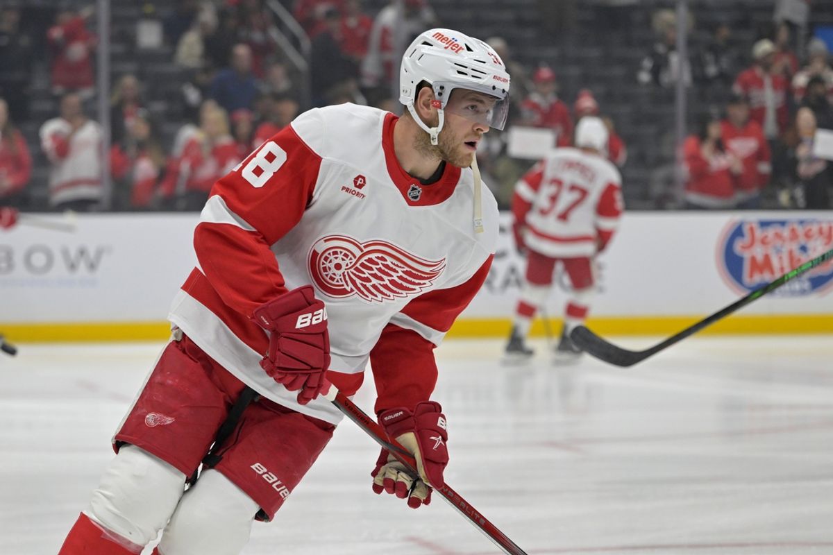 Nov 16, 2024; Los Angeles, California, USA; Detroit Red Wings center Andrew Copp (18) warms up prior to the game against the Los Angeles Kings at Crypto.com Arena. Mandatory Credit: Jayne Kamin-Oncea-Imagn Images