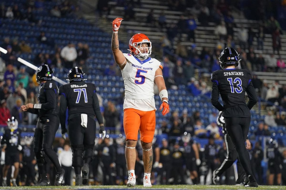 Nov 16, 2024; San Jose, California, USA; Boise State Broncos edge Jayden Virgin-Morgan (5) reacts after the Broncos made a defensive stop against the San Jose State Spartans in the fourth quarter at CEFCU Stadium. Mandatory Credit: Cary Edmondson-Imagn Images