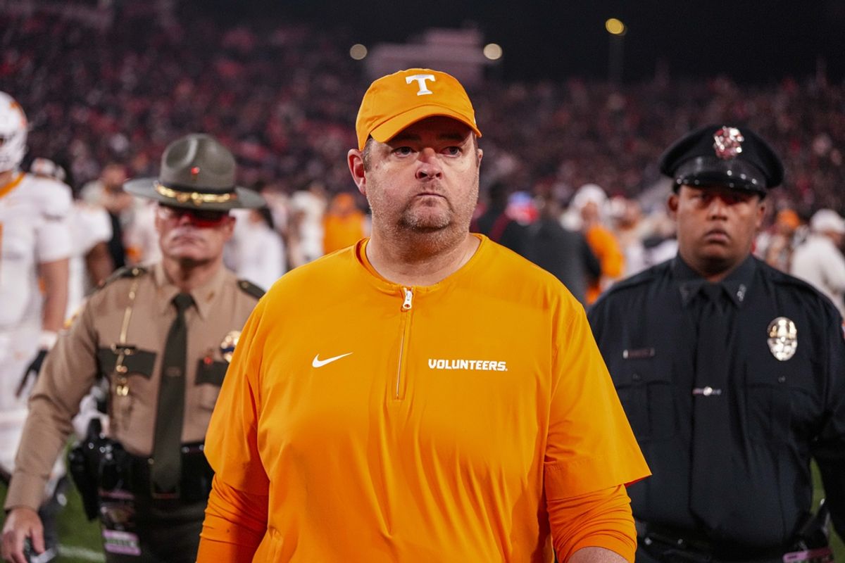 Nov 16, 2024; Athens, Georgia, USA; Tennessee Volunteers head coach Josh Heupel shown walking off the field after the game against the Georgia Bulldogs at Sanford Stadium. Mandatory Credit: Dale Zanine-Imagn Images