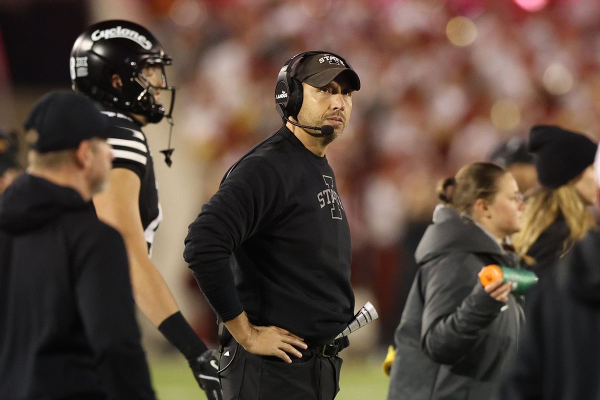 Nov 16, 2024; Ames, Iowa, USA; Iowa State Cyclones head coach Matt Campbell watches his team play the Cincinnati Bearcats at Jack Trice Stadium. The Iowa State Cyclones won the game 34-17.  Mandatory Credit: Reese Strickland-Imagn Images