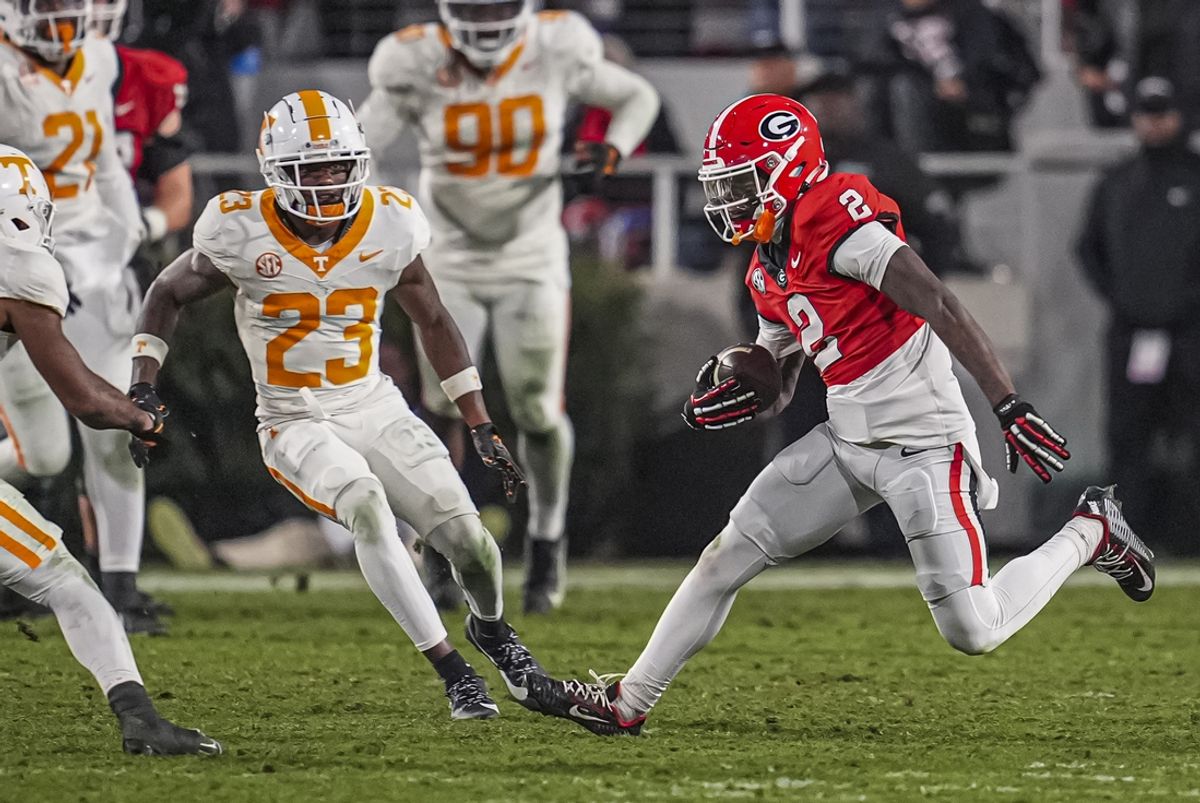 Nov 16, 2024; Athens, Georgia, USA; Georgia Bulldogs wide receiver Nitro Tuggle (2) runs after a catch against the Tennessee Volunteers during the second half at Sanford Stadium. Mandatory Credit: Dale Zanine-Imagn Images