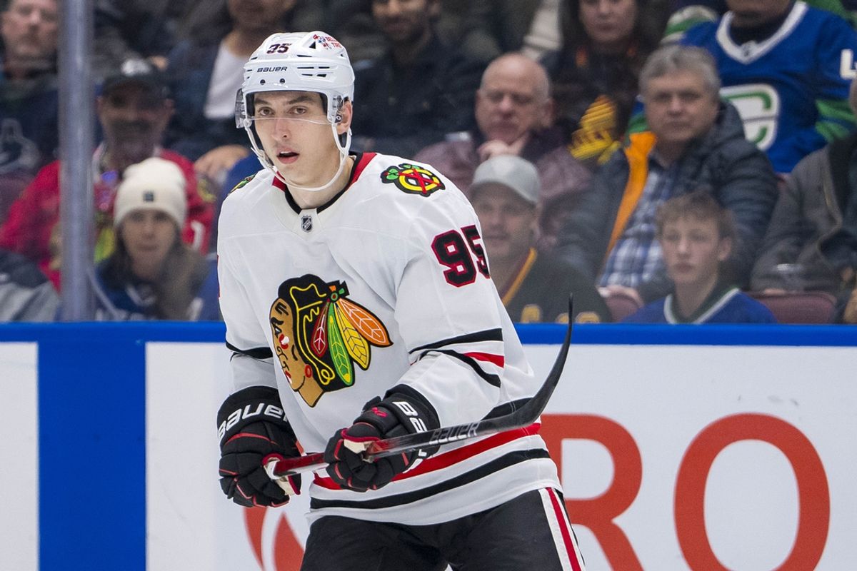 Nov 16, 2024; Vancouver, British Columbia, CAN; Chicago Blackhawks forward Ilya Mikheyev (95) skates against the Vancouver Canucks during the third period at Rogers Arena. Mandatory Credit: Bob Frid-Imagn Images
