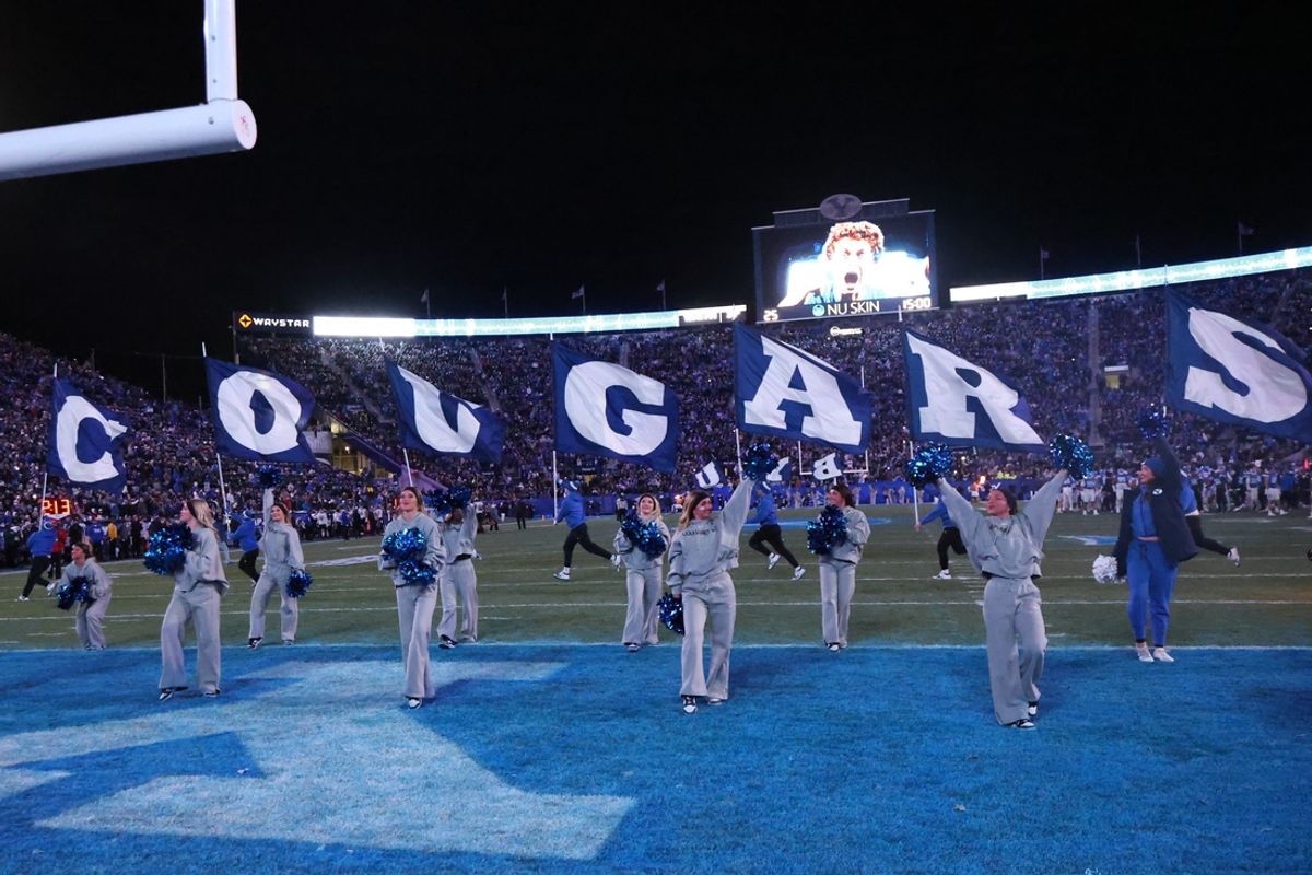 Nov 16, 2024; Provo, Utah, USA; The Brigham Young Cougars Cougarettes perform before the fourth quarter of the game against the Kansas Jayhawks at LaVell Edwards Stadium. Mandatory Credit: Rob Gray-Imagn Images
