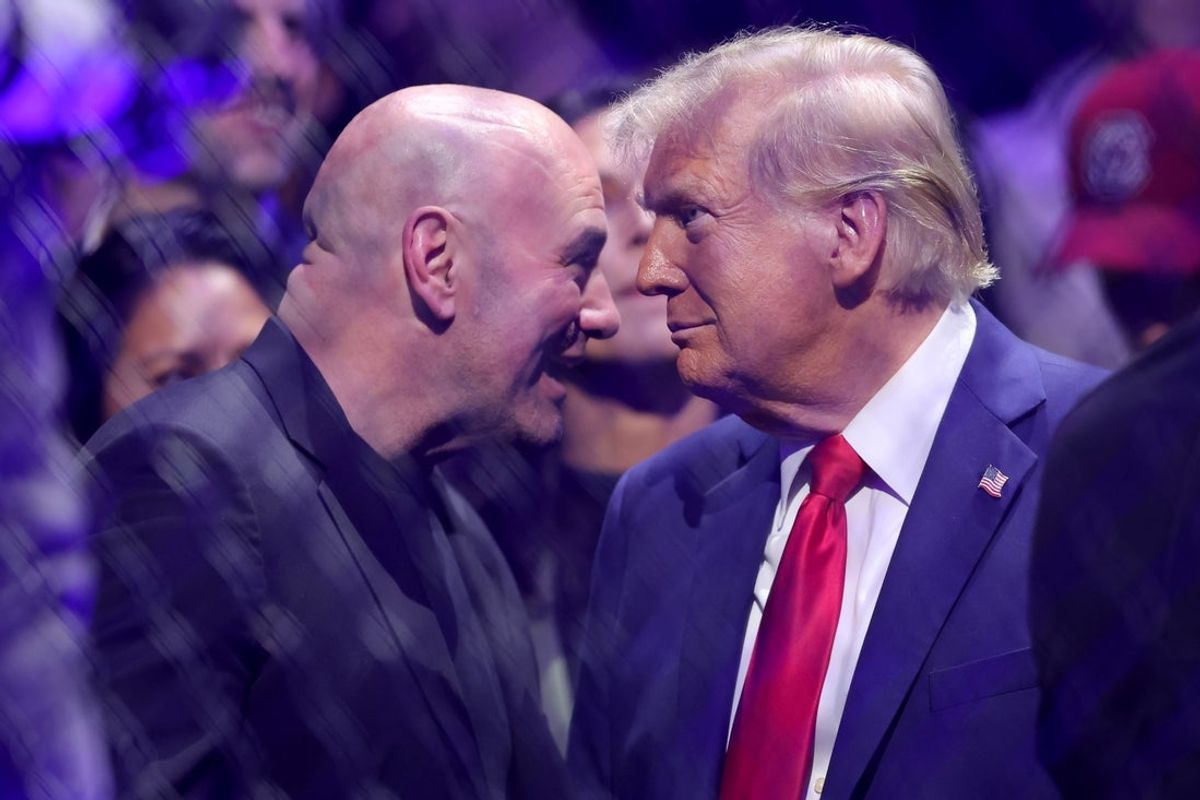 Nov 16, 2024; New York, NY, USA; UFC CEO Dana White (left) talks to President-elect Donald Trump ringside during UFC 309 at Madison Square Garden. Mandatory Credit: Brad Penner-Imagn Images