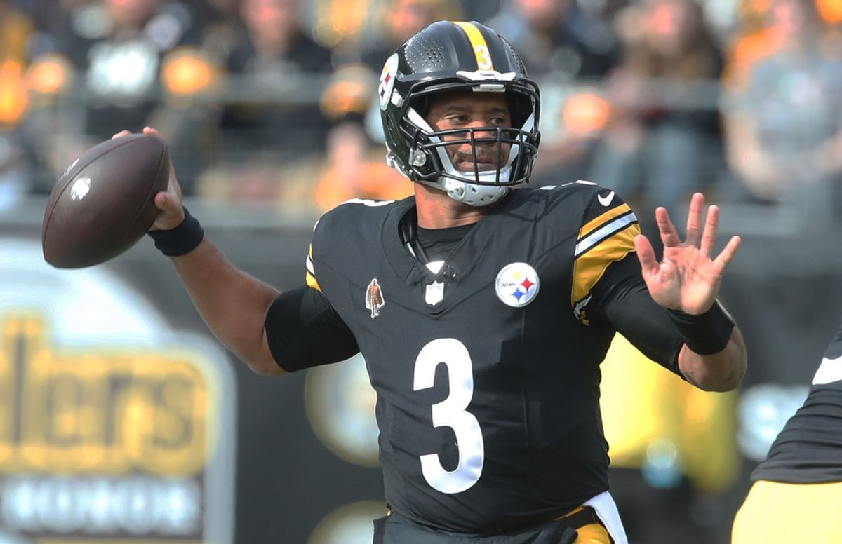 Nov 17, 2024; Pittsburgh, Pennsylvania, USA;  Pittsburgh Steelers quarterback Russell Wilson (3) passes against the Baltimore Ravens during the first quarter at Acrisure Stadium. Mandatory Credit: Charles LeClaire-Imagn Images