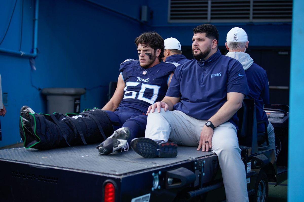 Tennessee Titans linebacker Jack Gibbens (50) is carted off the field during the third quarter against the Minnesota Vikings at Nissan Stadium in Nashville, Tenn., Sunday, Nov. 17, 2024.