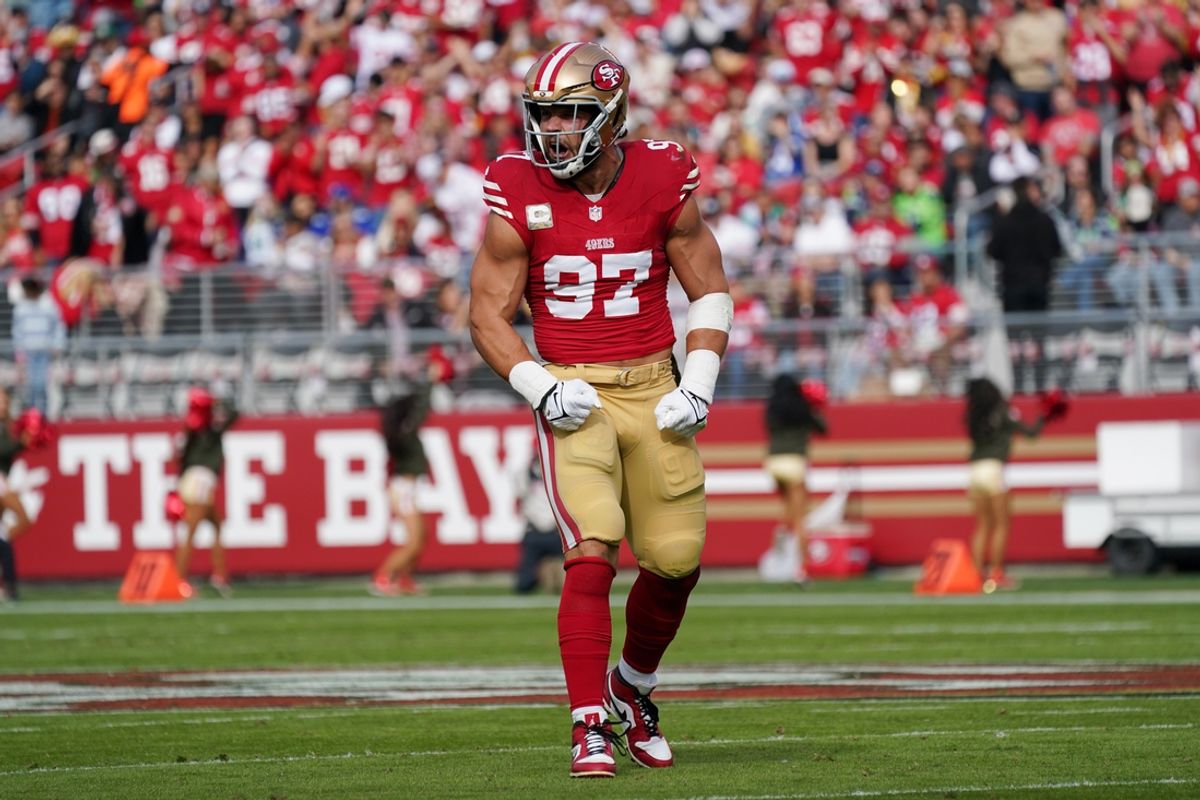 Nov 17, 2024; Santa Clara, California, USA; San Francisco 49ers defensive end Nick Bosa (97) celebrates after sacking Seattle Seahawks quarterback Geno Smith (7) in the first quarter at Levi's Stadium. Mandatory Credit: David Gonzales-Imagn Images