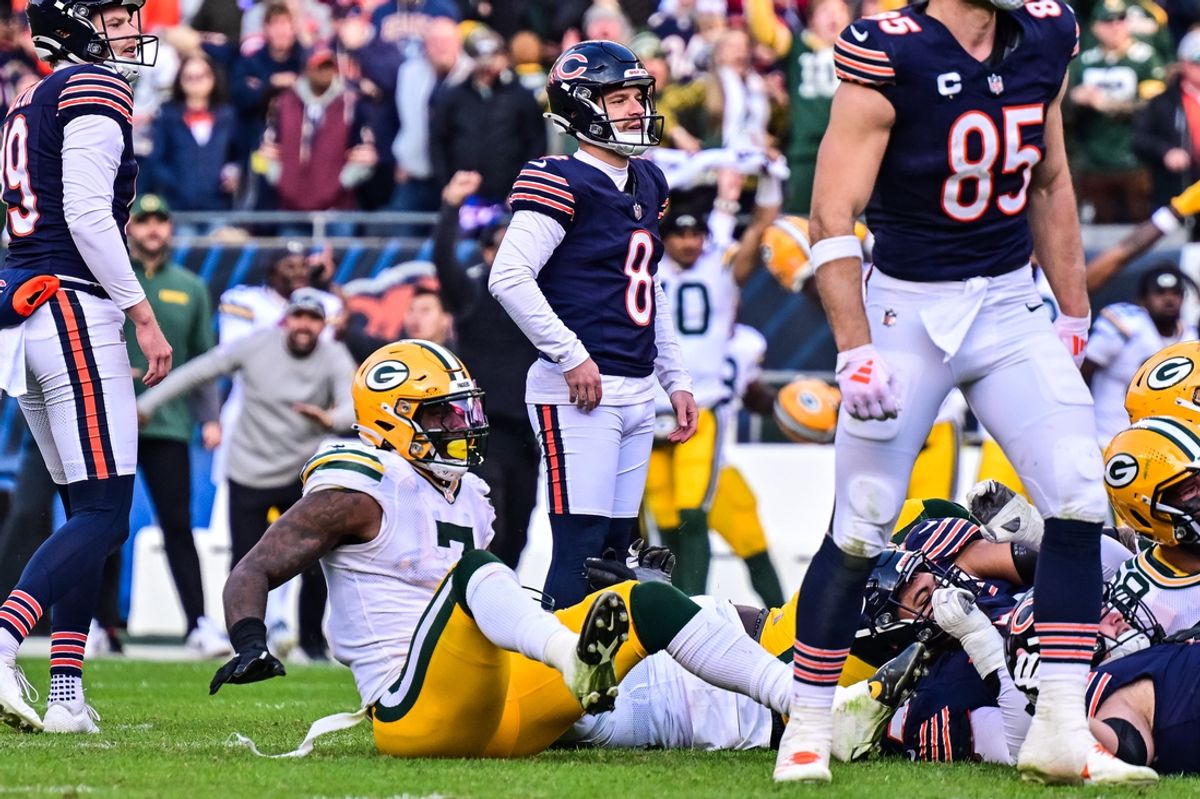 Nov 17, 2024; Chicago, Illinois, USA; Chicago Bears kicker Cairo Santos (8) looks on after his game winning field goal attempt is blocked by Green Bay Packers defensive tackle Karl Brooks (not pictured) during the fourth quarter at Soldier Field. Mandatory Credit: Daniel Bartel-Imagn Images