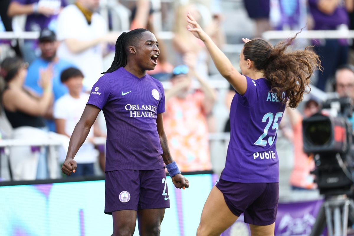 Nov 17, 2024; Orlando, FL, USA; Orlando Pride forward Barbra Banda (22) celebrates after scoring a goal against the Kansas City Current in a NWSL playoff semifinal match at Inter&Co Stadium. Mandatory Credit: Nathan Ray Seebeck-Imagn Images