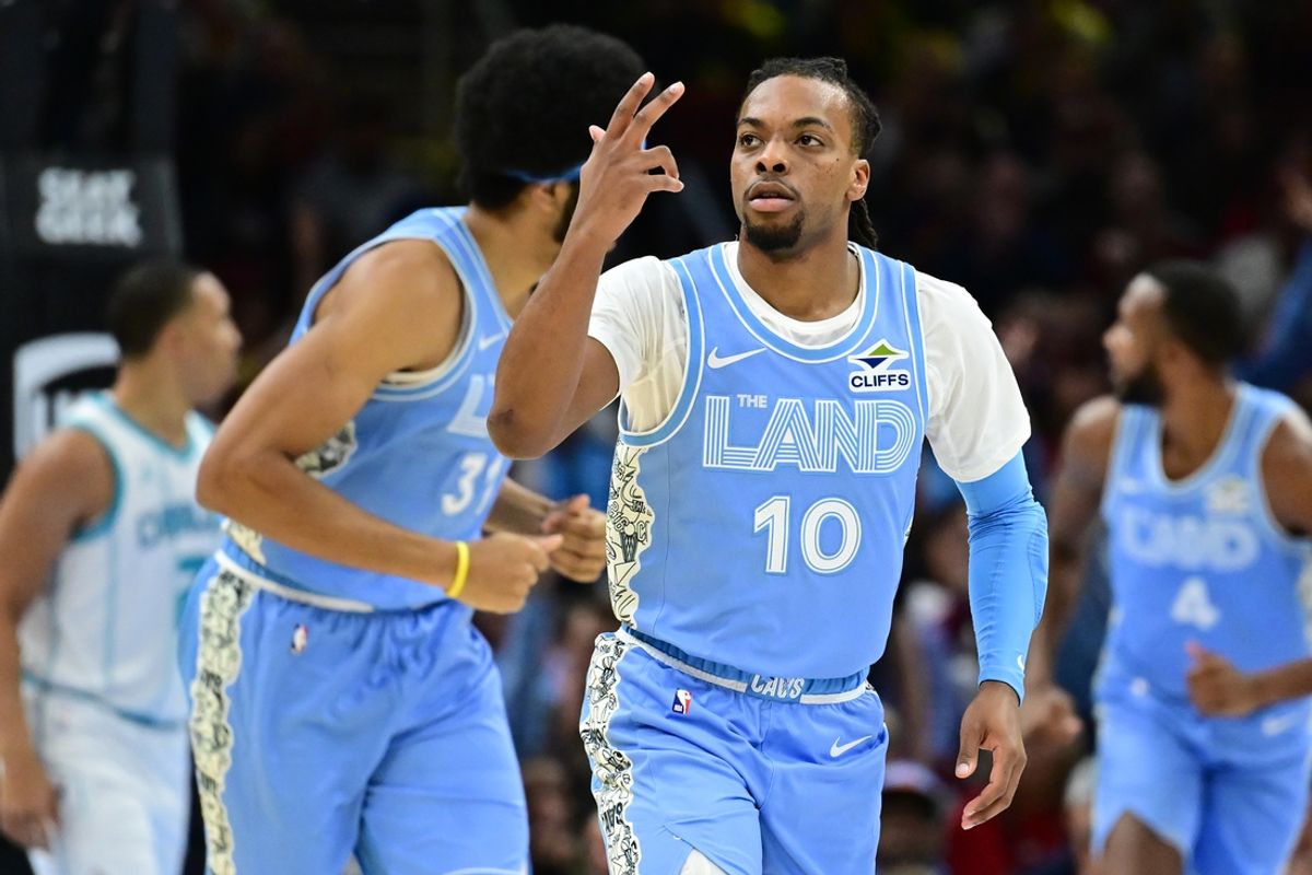Nov 17, 2024; Cleveland, Ohio, USA; Cleveland Cavaliers guard Darius Garland (10) celebrates after hitting a three point basket during the first quarter against the Charlotte Hornets at Rocket Mortgage FieldHouse. Mandatory Credit: Ken Blaze-Imagn Images