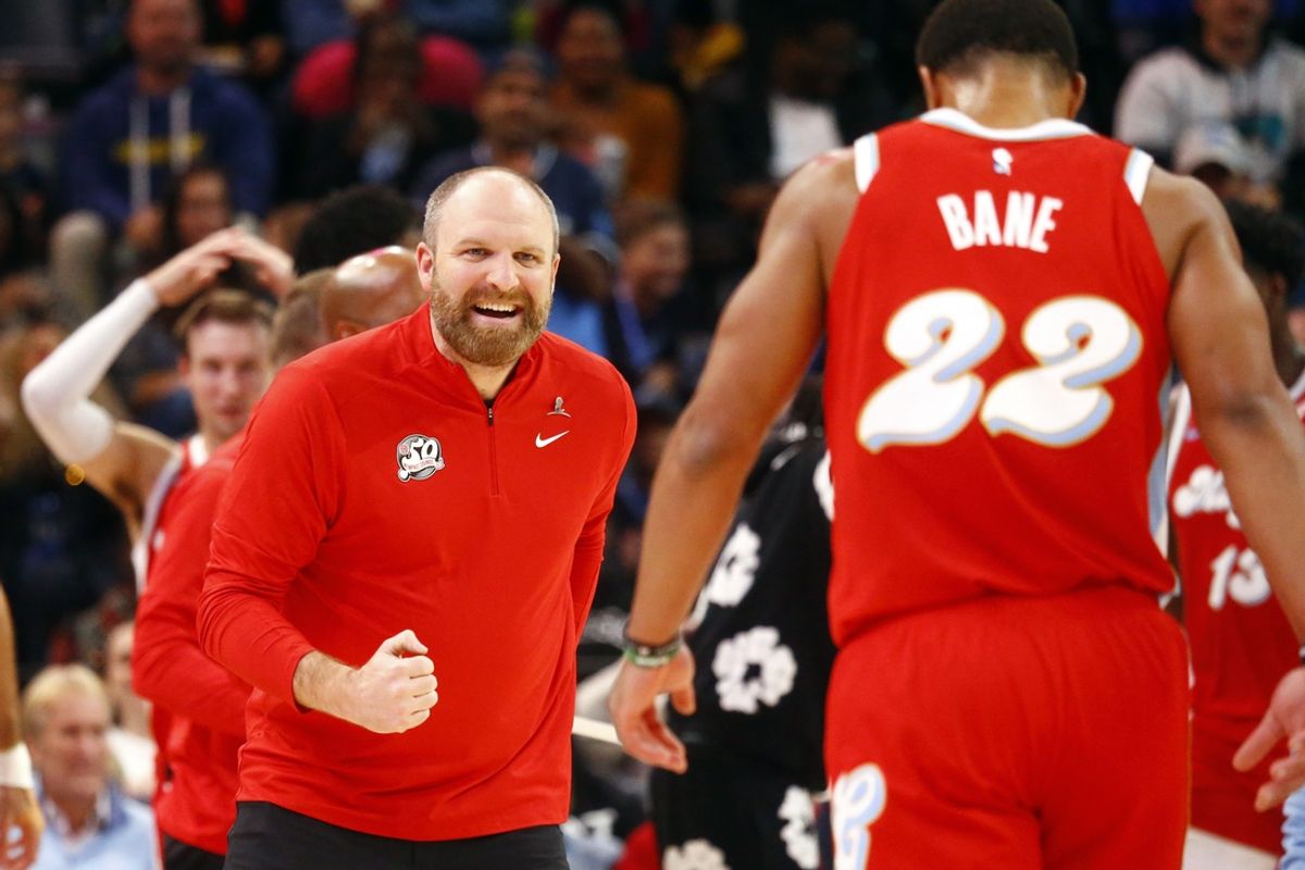 Nov 17, 2024; Memphis, Tennessee, USA; Memphis Grizzlies head coach Taylor Jenkins reacts toward Memphis Grizzlies guard Desmond Bane (22) during a time out during the first half against the Denver Nuggets at FedExForum. Mandatory Credit: Petre Thomas-Imagn Images