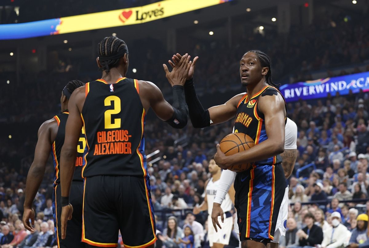 Nov 17, 2024; Oklahoma City, Oklahoma, USA; Oklahoma City Thunder guard Shai Gilgeous-Alexander (2) and forward Jalen Williams (8) high five after a play against the Dallas Mavericks during the first quarter at Paycom Center. Mandatory Credit: Alonzo Adams-Imagn Images