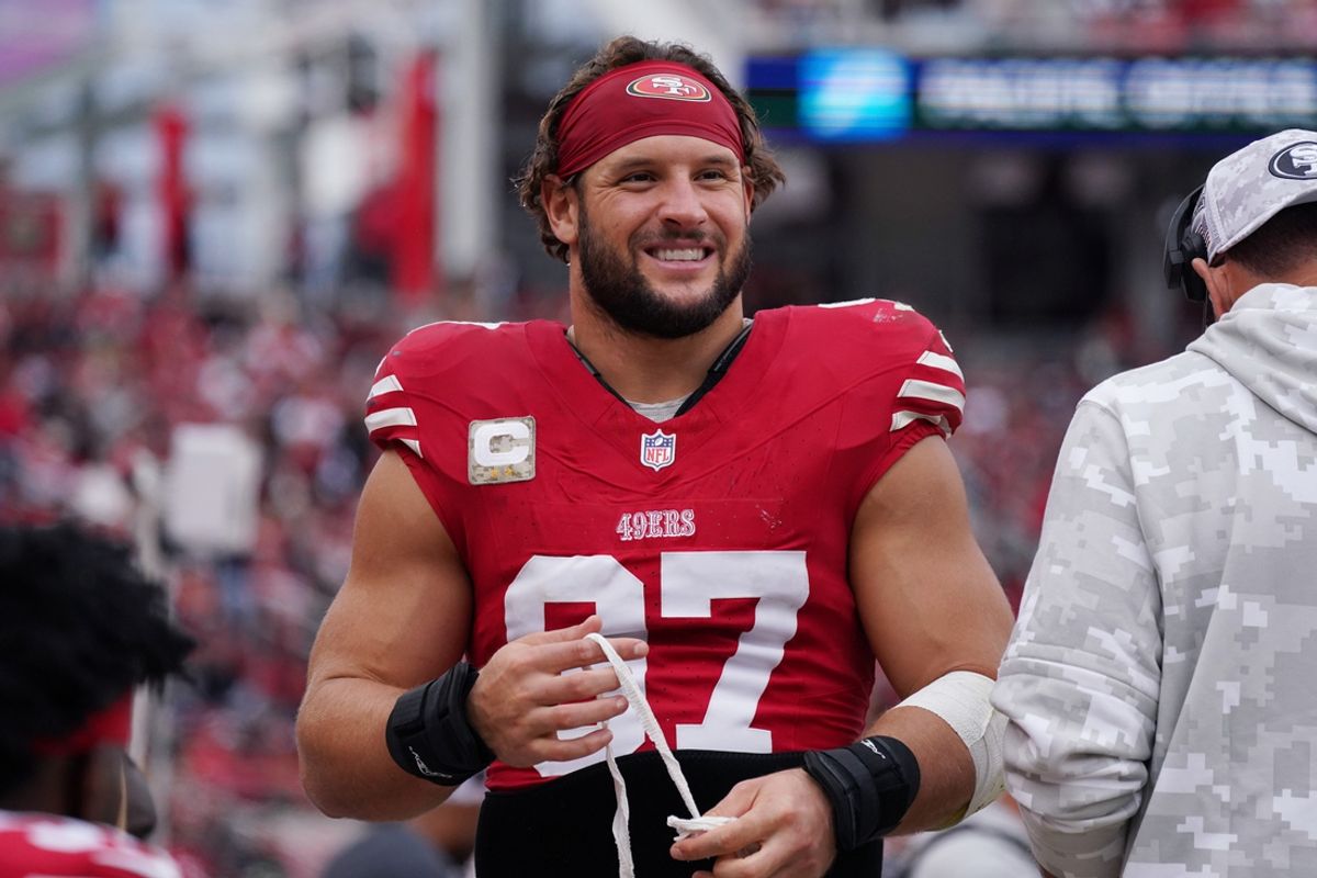 Nov 17, 2024; Santa Clara, California, USA; San Francisco 49ers defensive end Nick Bosa (97) waits on the sidelines against the Seattle Seahawks in the third quarter at Levi's Stadium. Mandatory Credit: David Gonzales-Imagn Images