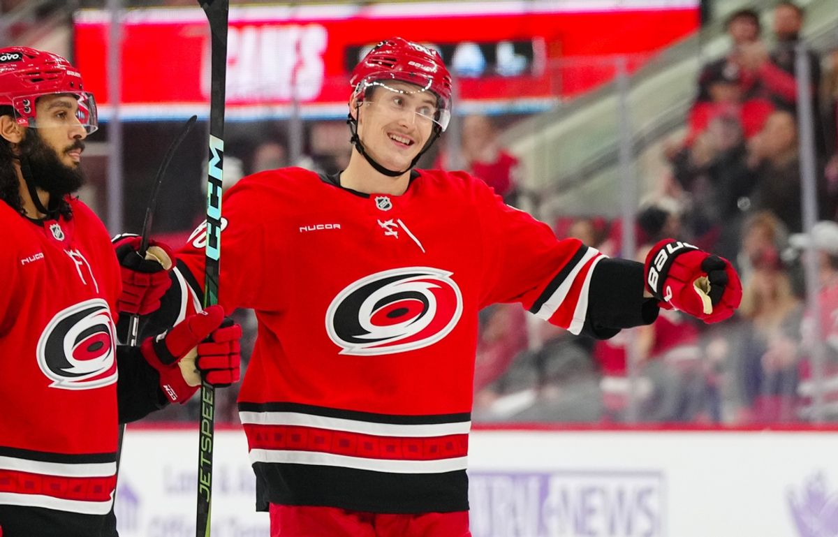 Nov 17, 2024; Raleigh, North Carolina, USA;  Carolina Hurricanes center Martin Necas (88) celebrates his goal against the St. Louis Blues during the third period at Lenovo Center. Mandatory Credit: James Guillory-Imagn Images