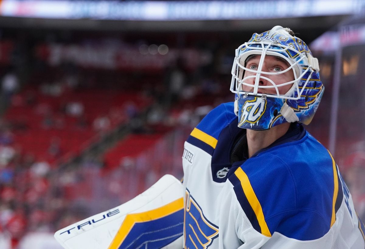 Nov 17, 2024; Raleigh, North Carolina, USA;  St. Louis Blues goaltender Jordan Binnington (50) looks on during the warmups before the game against the Carolina Hurricanes at Lenovo Center. Mandatory Credit: James Guillory-Imagn Images