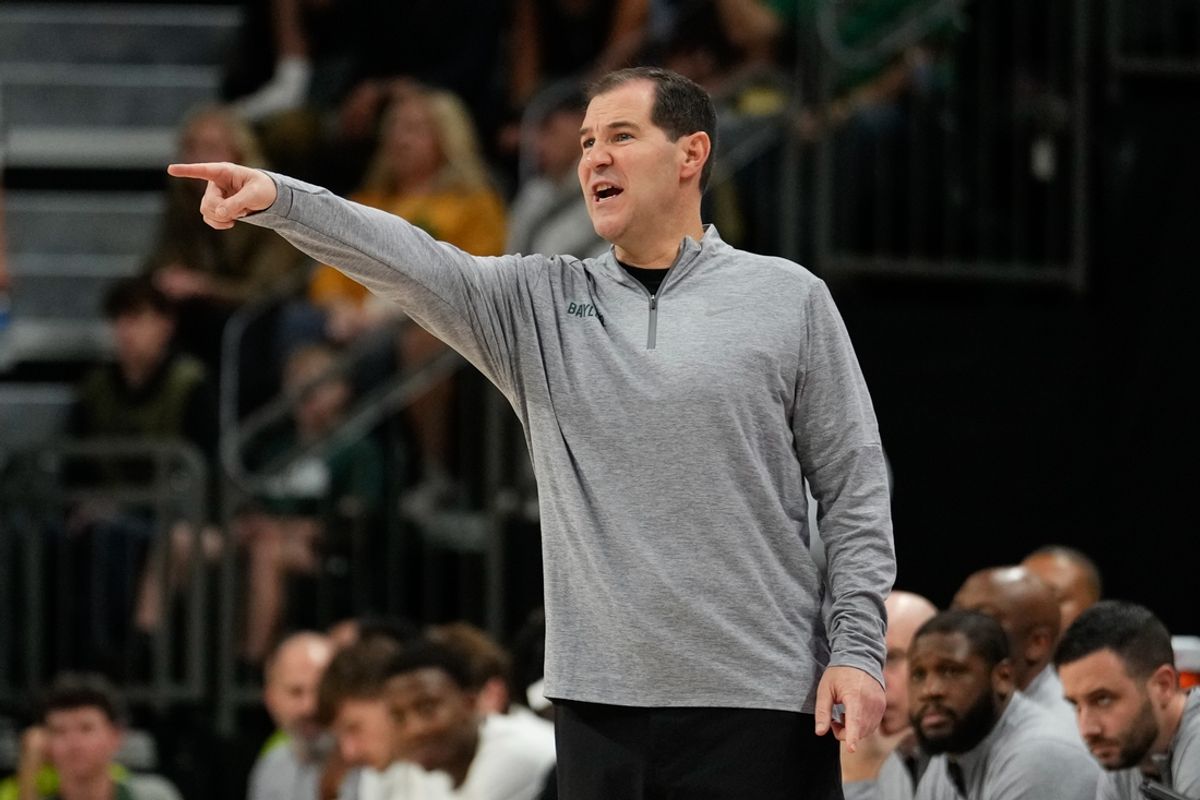 Nov 17, 2024; Waco, Texas, USA;  Baylor Bears head coach Scott Drew calls a play against the Tarleton Texans during the first half at Paul and Alejandra Foster Pavilion. Mandatory Credit: Chris Jones-Imagn Images