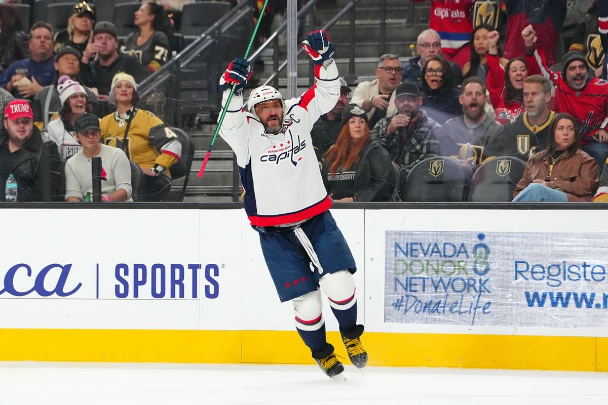Nov 17, 2024; Las Vegas, Nevada, USA; Washington Capitals left wing Alex Ovechkin (8) celebrates after scoring a goal against the Vegas Golden Knights during the first period at T-Mobile Arena. Mandatory Credit: Stephen R. Sylvanie-Imagn Images