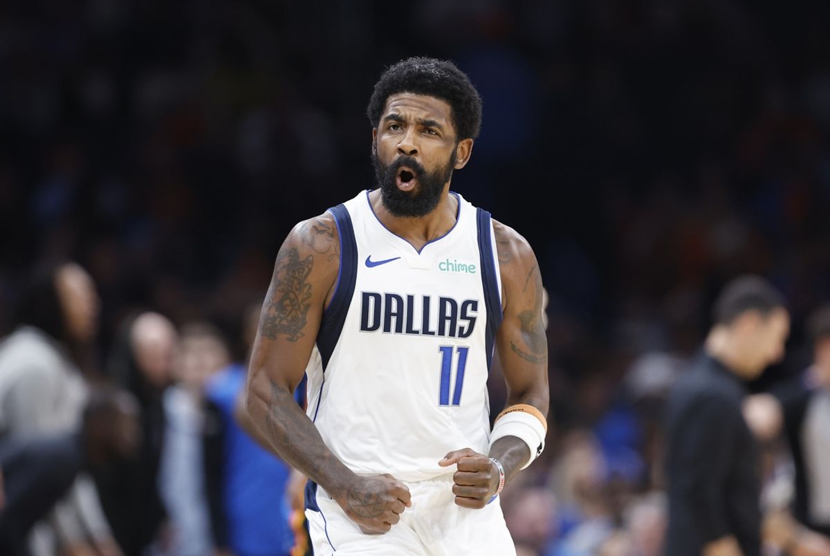 Nov 17, 2024; Oklahoma City, Oklahoma, USA; Dallas Mavericks guard Kyrie Irving (11) celebrates after a basket against the Oklahoma City Thunder during the second half at Paycom Center. Mandatory Credit: Alonzo Adams-Imagn Images