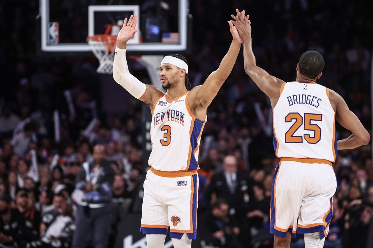 Nov 17, 2024; New York, New York, USA;  New York Knicks guard Josh Hart (3) celebrates with forward Mikal Bridges (25) in the fourth quarter against the Brooklyn Nets at Madison Square Garden. Mandatory Credit: Wendell Cruz-Imagn Images