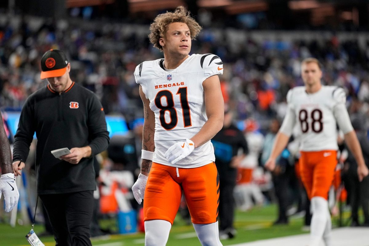 Cincinnati Bengals wide receiver Jermaine Burton (81) walks for the locker room at halftime of the NFL Week 11 game between the Los Angeles Chargers and the Cincinnati Bengals at SoFi Stadium in Inglewood, Calif., on Sunday, Nov. 17, 2024. The Chargers led 24-6 at halftime.