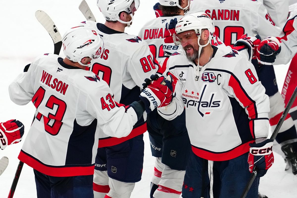 Nov 17, 2024; Las Vegas, Nevada, USA; Washington Capitals left wing Alex Ovechkin (8) celebrates with Washington Capitals right wing Tom Wilson (43) after the Capitals defeated the Vegas Golden Knights 5-2 at T-Mobile Arena. Mandatory Credit: Stephen R. Sylvanie-Imagn Images