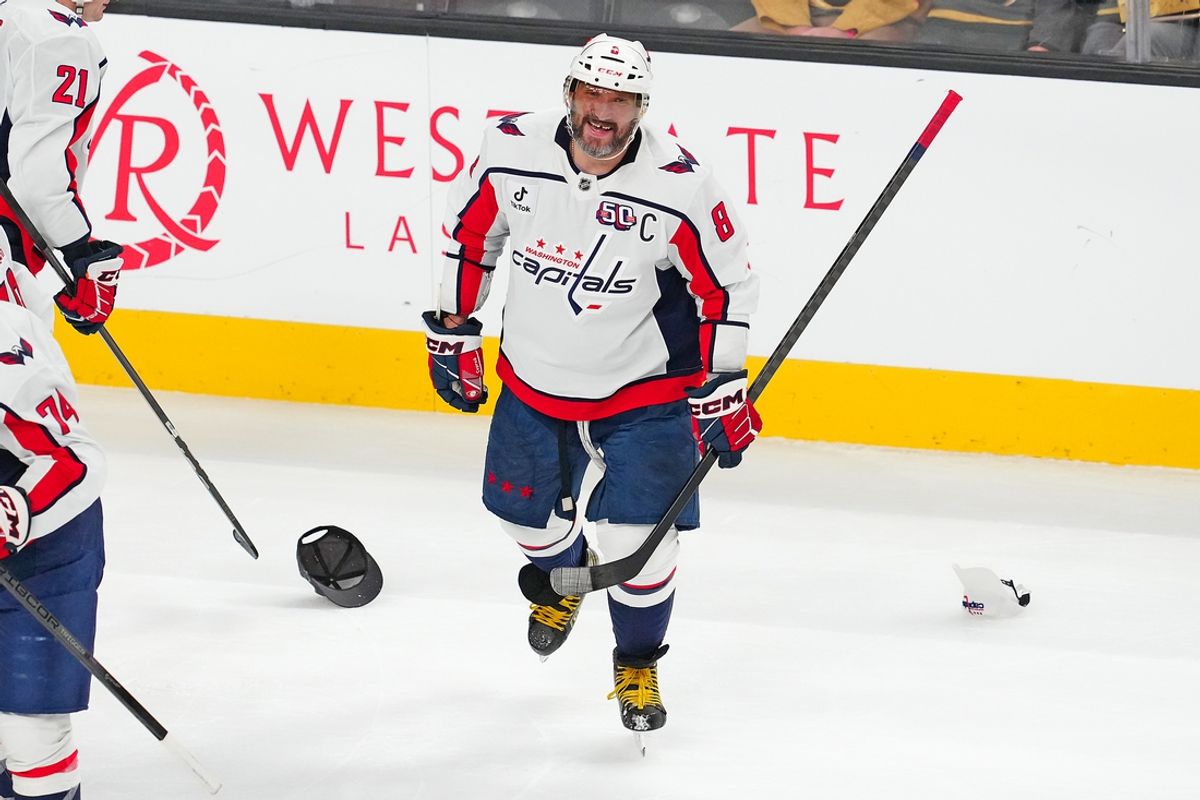 Nov 17, 2024; Las Vegas, Nevada, USA; Washington Capitals left wing Alex Ovechkin (8) celebrates after scoring a third goal against the Vegas Golden Knights during the third period at T-Mobile Arena. Mandatory Credit: Stephen R. Sylvanie-Imagn Images