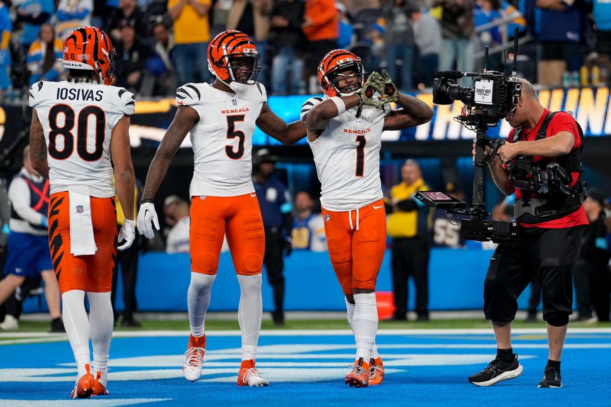Cincinnati Bengals wide receiver Ja'Marr Chase (1) celebrates a game-tying touchdown in the fourth quarter of the NFL Week 11 game between the Los Angeles Chargers and the Cincinnati Bengals at SoFi Stadium in Inglewood, Calif., on Sunday, Nov. 17, 2024. The Chargers won 34-27.
