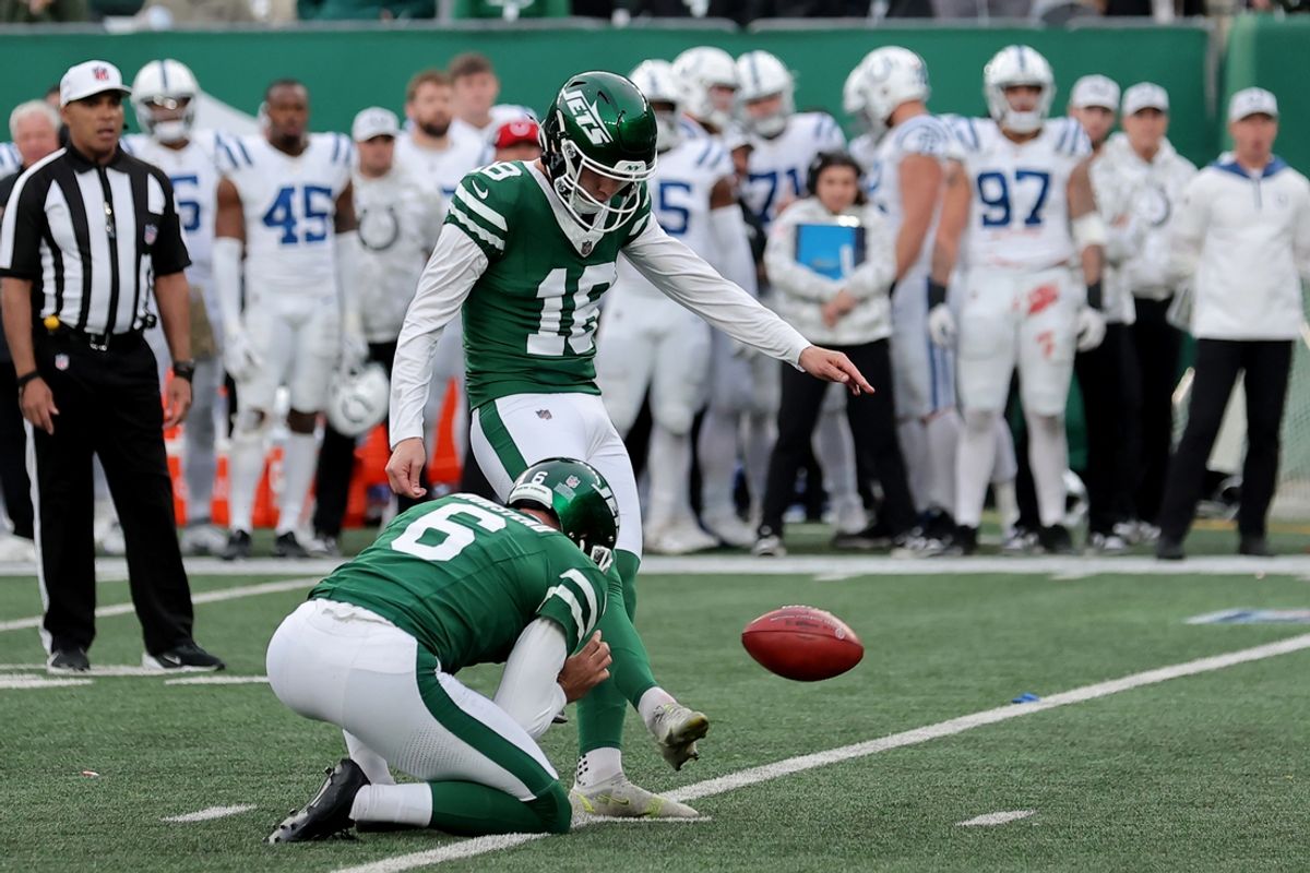 Nov 17, 2024; East Rutherford, New Jersey, USA; New York Jets place kicker Anders Carlson (18) kicks a field goal against the Indianapolis Colts during the fourth quarter at MetLife Stadium. Mandatory Credit: Brad Penner-Imagn Images