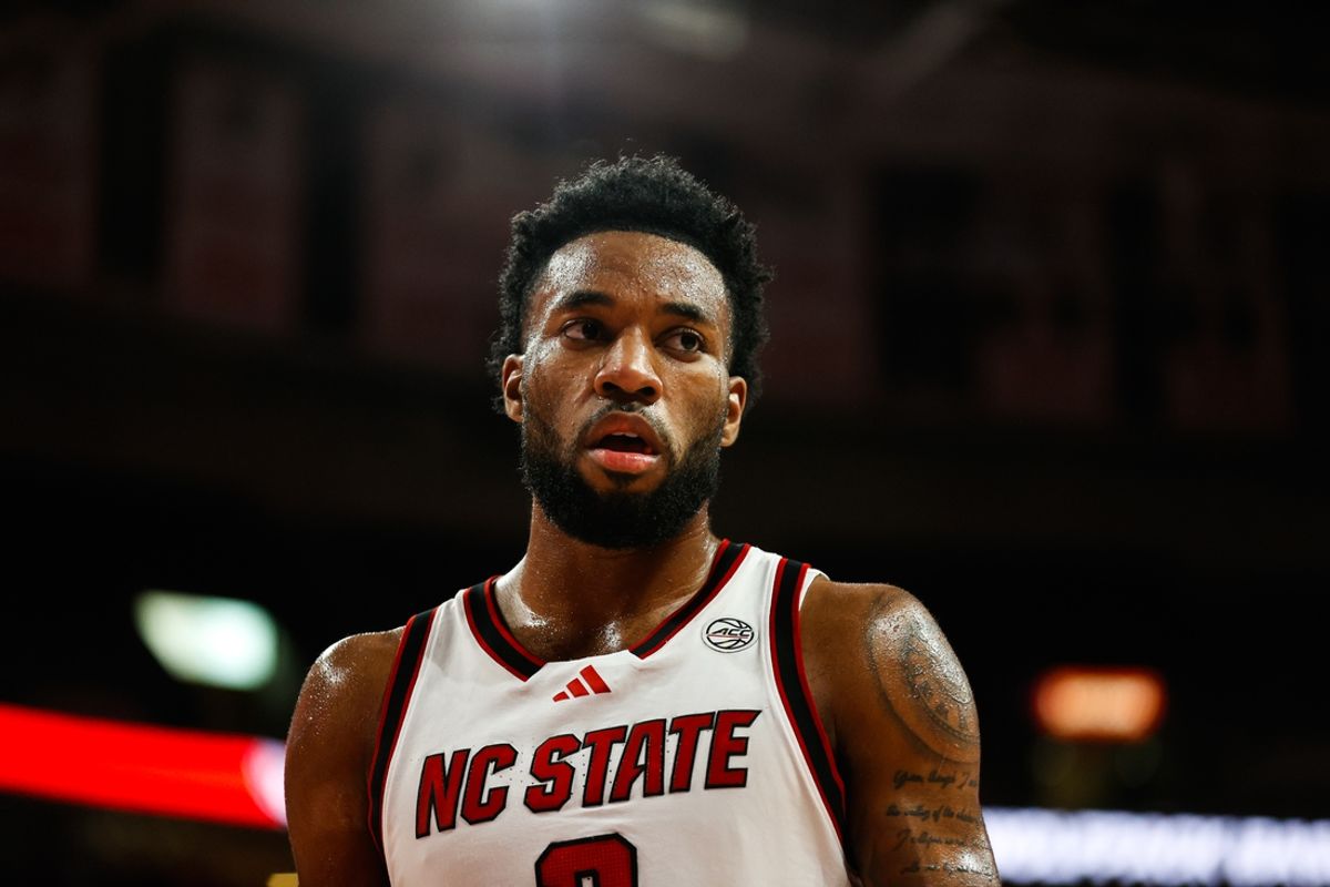 Nov 18, 2024; Raleigh, North Carolina, USA;  North Carolina State Wolfpack guard Dontrez Styles (3) looks on  during first half of the game against the Colgate Raiders at Lenovo Center. Mandatory Credit: Jaylynn Nash-Imagn Images