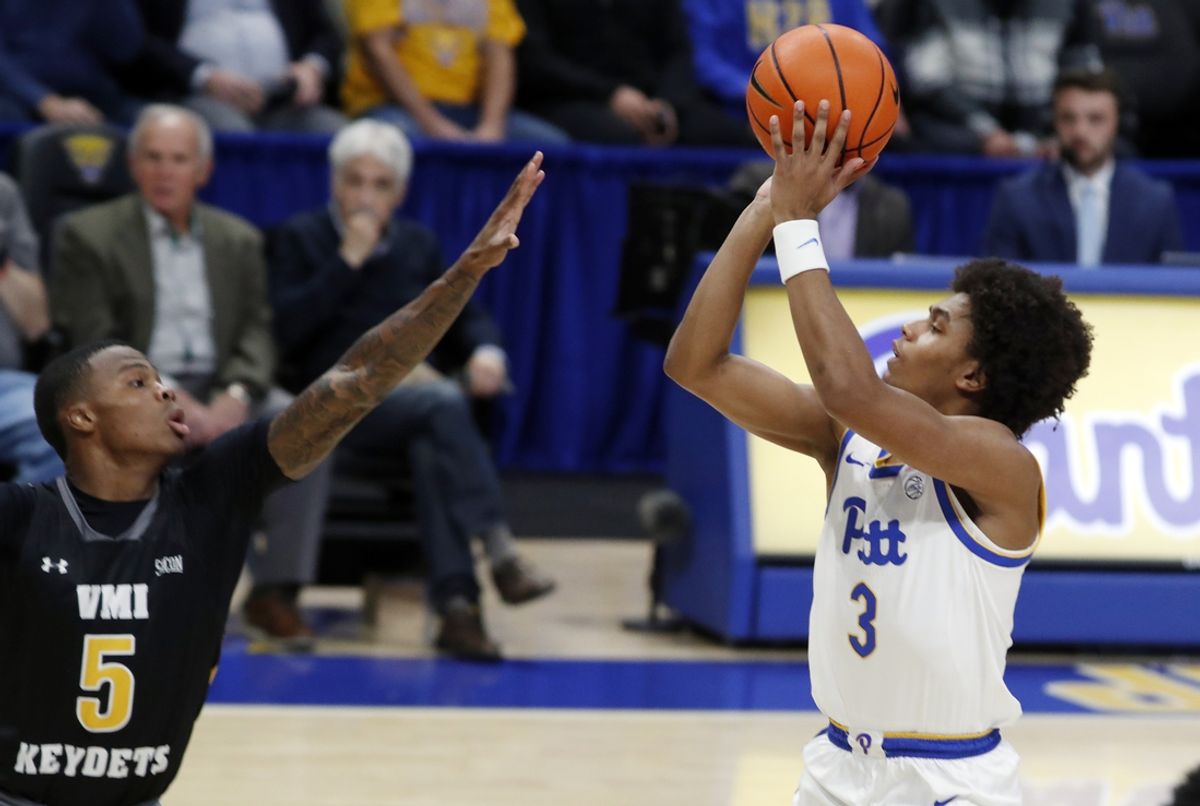 Nov 18, 2024; Pittsburgh, Pennsylvania, USA;  Pittsburgh Panthers guard Brandin Cummings (3) shoots against Virginia Military Keydets guard AJ Clark (5) during the first half at the Petersen Events Center. Mandatory Credit: Charles LeClaire-Imagn Images